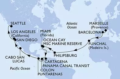 MSC POESIA - Itinerario di 33 notti partendo da MARSEILLE, FRANCE il 08/04/2026 - Marseille,Barcelona,Funchal,Philipsburg,Ocean Cay,Miami,Miami,Cartagena,Colon,CTB-Panama Canal,BLB-Panam Canal,Puntarenas,Cabo San Lucas,San Diego,Los Angeles,Seattle