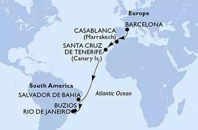 MSC ARMONIA - Itinerario di 14 notti partendo da BARCELONA, SPAIN il 30/11/2025 - Barcelona,Casablanca,Santa Cruz de Tenerife,Salvador,Buzios,Rio de Janeiro