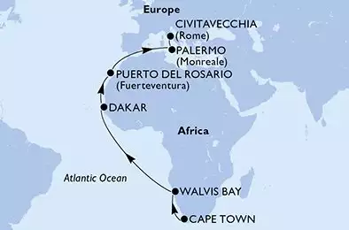 MSC MAGNIFICA - Itinerario di 18 notti partendo da CAPE TOWN, SOUTH AFRICA il 16/04/2025 - Cape Town,Walvis Bay,Dakar,Puerto del Rosario,Palermo,Civitavecchia