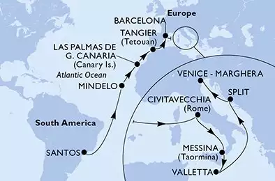 MSC ARMONIA - Itinerario di 21 notti partendo da SANTOS, BRAZIL il 15/03/2026 - Santos,Mindelo,Las Palmas de G.Canaria,Tangier,Barcelona,Civitavecchia,Messina,Valletta,Split,Venice-Marghera