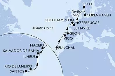 MSC PREZIOSA - Itinerario di 22 notti partendo da SANTOS, BRAZIL il 02/04/2026 - Santos,Rio de Janeiro,Ilheus,Salvador,Maceio,Funchal,Vigo,Gijon,Southampton,Le Havre,Zeebrugge,Copenhagen,Oslo