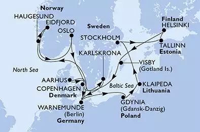MSC POESIA - Itinerario di 18 notti partendo da WARNEMÜNDE, GERMANIA il 30/04/2025 - Germania, Polonia, Lituania, Svezia, Estonia, Finlandia, Danimarca, Norvegia