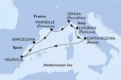 MSC ORCHESTRA  - Itinerario di 7 notti partendo da GENOVA il 02/12/2025 - Genoa,Livorno,Civitavecchia,Valencia,Barcelona,Marseille,Genoa