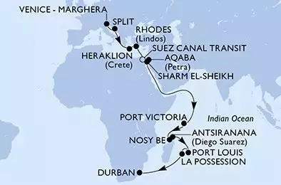 MSC OPERA - Itinerario di 26 notti partendo da VENEZIA il 02/11/2025 - Italia, Croazia, Grecia, Egitto, Giordania, Seychelles, Madagascar, Mauritius, Réunion, Sudafrica