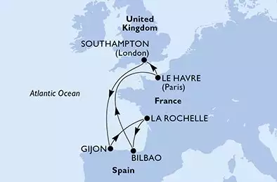 MSC VIRTUOSA - Itinerario di 7 notti partendo da SOUTHAMPTON, UNITED KINGDOM il 30/05/2026 - Regno Unito, Spagna, Francia