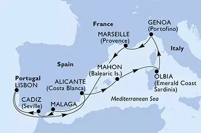 MSC OPERA - Itinerario di 10 notti partendo da OLBIA il 10/08/2026 - Olbia,Genoa,Marseille,Malaga,Cadiz,Lisbon,Alicante,Mahon,Olbia