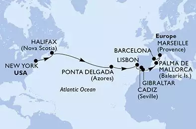 MSC MERAVIGLIA - Itinerario di 16 notti partendo da NEW YORK, UNITED STATES il 19/04/2026 - Stati Uniti, Canada, Portogallo, Spagna, Gibilterra, Francia