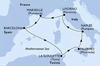 MSC MERAVIGLIA - Itinerario di 7 notti partendo da NAPOLI il 06/06/2026 - Naples,Livorno,Marseille,Barcelona,La Goulette,Palermo,Naples