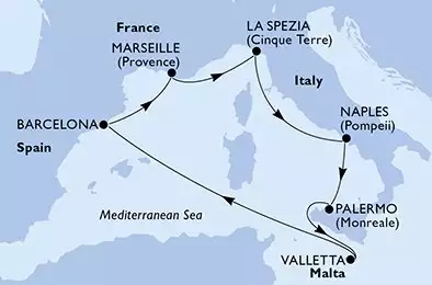 MSC SPLENDIDA - Itinerario di 7 notti partendo da PALERMO il 29/07/2026 - Palermo,Valletta,Barcelona,Marseille,La Spezia,Naples,Palermo