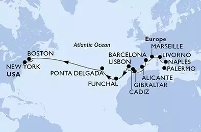 MSC MERAVIGLIA - Itinerario di 23 notti partendo da PALERMO il 16/10/2026 - Palermo,Naples,Livorno,Marseille,Barcelona,Alicante,Gibraltar,Cadiz,Lisbon,Lisbon,Funchal,Ponta Delgada,Ponta Delgada,Boston,Boston,New York