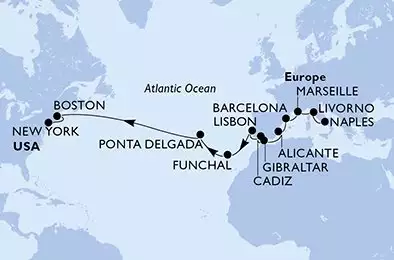 MSC MERAVIGLIA - Itinerario di 22 notti partendo da NAPOLI il 17/10/2026 - Naples,Livorno,Marseille,Barcelona,Alicante,Gibraltar,Cadiz,Lisbon,Lisbon,Funchal,Ponta Delgada,Ponta Delgada,Boston,Boston,New York
