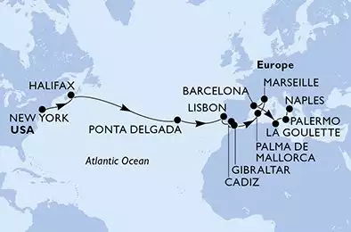 MSC MERAVIGLIA - Itinerario di 20 notti partendo da NEW YORK, UNITED STATES il 19/04/2026 - New York,Halifax,Ponta Delgada,Ponta Delgada,Lisbon,Cadiz,Gibraltar,Palma de Mallorca,Marseille,Barcelona,La Goulette,Palermo,Naples