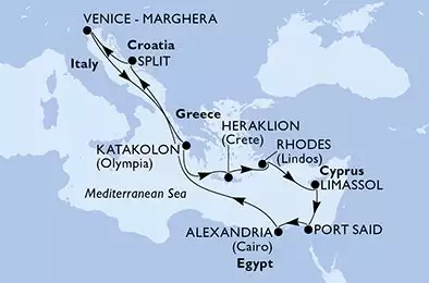 MSC LIRICA - Itinerario di 11 notti partendo da VENEZIA il 04/11/2026 - Venice-Marghera,Katakolon,Heraklion,Rhodes,Limassol,Port Said,Alexandria,Split,Venice-Marghera