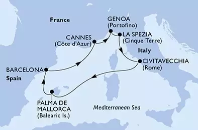 MSC GRANDIOSA - Itinerario di 7 notti partendo da GENOVA il 12/10/2026 - Genoa,La Spezia,Civitavecchia,Palma de Mallorca,Barcelona,Cannes,Genoa