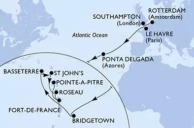 MSC VIRTUOSA - Itinerario di 18 notti partendo da ROTTERDAM (AMSTERDAM) OLANDA il 19/11/2025 - Rotterdam,Southampton,Le Havre,Ponta Delgada,Bridgetown,Basseterre,St John s,Roseau,Fort de France,Pointe-a-Pitre