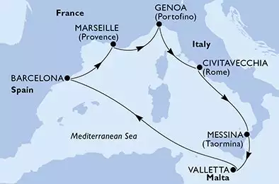 MSC WORLD ASIA - Itinerario di 7 notti partendo da MESSINA il 23/02/2027 - Messina,Valletta,Barcelona,Marseille,Genoa,Civitavecchia,Messina