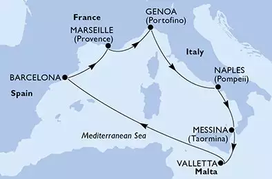 MSC WORLD ASIA - Itinerario di 7 notti partendo da MESSINA il 04/05/2027 - Messina,Valletta,Barcelona,Marseille,Genoa,Naples,Messina