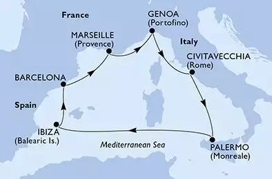 MSC SEAVIEW - Itinerario di 7 notti partendo da CIVITAVECCHIA il 07/06/2026 - Italia, Spagna, Francia