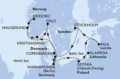 MSC POESIA - Itinerario di 14 notti partendo da WARNEMÜNDE, GERMANIA il 10/08/2025 - Germania, Polonia, Lituania, Lettonia, Svezia, Danimarca, Norvegia