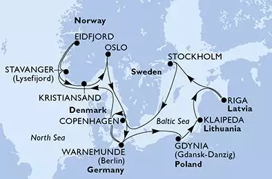 MSC MAGNIFICA - Itinerario di 14 notti partendo da WARNEMÜNDE, GERMANIA il 16/08/2026 - Germania, Polonia, Lituania, Lettonia, Svezia, Danimarca, Norvegia