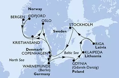 MSC MAGNIFICA - Itinerario di 14 notti partendo da WARNEMÜNDE, GERMANIA il 02/08/2026 - Germania, Polonia, Lituania, Lettonia, Svezia, Danimarca, Norvegia