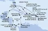 Miami,Ocho Rios,Cartagena,Colon,Puerto Limon,Isla de Roatan,Belize City,Miami,Charlotte Amalie,Basseterre,Philipsburg,St John s,San Juan,Puerto Plata,Miami
