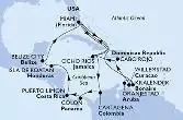 Miami,Kralendijk,Oranjestad,Willemstad,Cabo Rojo,Ocho Rios,Miami,Ocho Rios,Cartagena,Colon,Puerto Limon,Isla de Roatan,Belize City,Miami