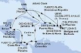 Miami,Charlotte Amalie,Basseterre,Philipsburg,St John s,San Juan,Puerto Plata,Miami,Ocho Rios,Cartagena,Colon,Puerto Limon,Isla de Roatan,Belize City,Miami