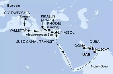 MSC WORLD EUROPA - Itinerario di 19 notti partendo da CIVITAVECCHIA il 09/11/2026 - Civitavecchia,Valletta,Piraeus,Rhodes,Limassol,Suez Canal North,Suez Canal South,Muscat,Doha,Dubai,Dubai