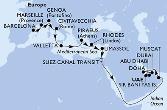 Barcelona,Marseille,Genoa,Civitavecchia,Valletta,Piraeus,Rhodes,Limassol,Suez Canal North,Suez Canal South,Muscat,Doha,Dubai,Dubai,Sir Bani Yas,Abu Dhabi