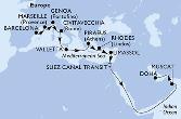 Barcelona,Marseille,Genoa,Civitavecchia,Valletta,Piraeus,Rhodes,Limassol,Suez Canal North,Suez Canal South,Muscat,Doha
