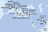Barcelona,Marseille,Genoa,Civitavecchia,Valletta,Piraeus,Rhodes,Limassol,Suez Canal North,Suez Canal South,Muscat,Doha,Dubai,Dubai