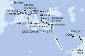 Marseille,Genoa,Civitavecchia,Valletta,Piraeus,Rhodes,Limassol,Suez Canal North,Suez Canal South,Muscat,Doha
