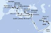 Marseille,Genoa,Civitavecchia,Valletta,Piraeus,Rhodes,Limassol,Suez Canal North,Suez Canal South,Muscat,Doha,Dubai,Dubai