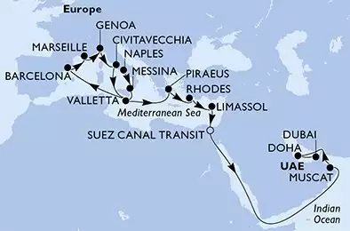 MSC WORLD EUROPA - Itinerario di 26 notti partendo da NAPOLI il 02/11/2026 - Naples,Messina,Valletta,Barcelona,Marseille,Genoa,Civitavecchia,Valletta,Piraeus,Rhodes,Limassol,Suez Canal North,Suez Canal South,Muscat,Doha,Dubai,Dubai