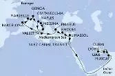 Naples,Messina,Valletta,Barcelona,Marseille,Genoa,Civitavecchia,Valletta,Piraeus,Rhodes,Limassol,Suez Canal North,Suez Canal South,Muscat,Doha,Dubai,Dubai