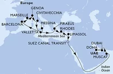 MSC WORLD EUROPA - Itinerario di 25 notti partendo da MESSINA il 03/11/2026 - Messina,Valletta,Barcelona,Marseille,Genoa,Civitavecchia,Valletta,Piraeus,Rhodes,Limassol,Suez Canal North,Suez Canal South,Muscat,Doha,Dubai,Dubai