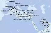 Messina,Valletta,Barcelona,Marseille,Genoa,Civitavecchia,Valletta,Piraeus,Rhodes,Limassol,Suez Canal North,Suez Canal South,Muscat,Doha,Dubai,Dubai