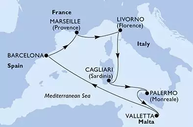MSC SPLENDIDA - Itinerario di 7 notti partendo da CAGLIARI il 12/08/2026 - Cagliari,Palermo,Valletta,Barcelona,Marseille,Livorno,Cagliari
