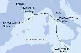 Barcelona,Marseille,Civitavecchia,Valletta