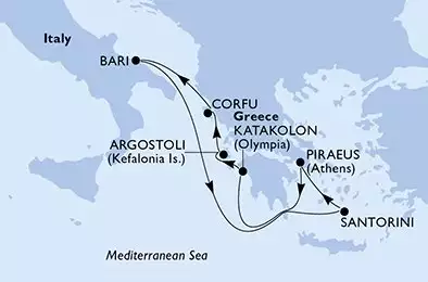 MSC SINFONIA - Itinerario di 7 notti partendo da BARI il 09/10/2027 - Bari,Santorini,Piraeus,Katakolon,Cefalonia,Corfu,Bari