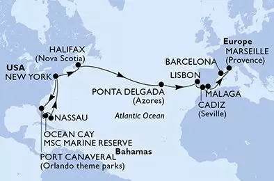 MSC MERAVIGLIA - Itinerario di 23 notti partendo da NEW YORK, UNITED STATES il 12/04/2026 - Stati Uniti, Bahamas, Canada, Portogallo, Spagna, Francia