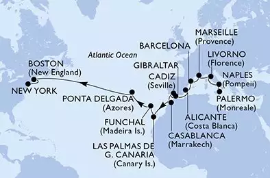 MSC MERAVIGLIA - Itinerario di 23 notti partendo da PALERMO il 16/10/2026 - Italia, Francia, Spagna, Gibilterra, Marocco, Portogallo, Stati Uniti