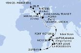Venice-Marghera,Split,Heraklion,Rhodes,Suez Canal North,Suez Canal South,Aqaba,Sharm El-Sheikh,Port Victoria,Nosy Be,Antsiranana,Port Louis,La Possession,Durban