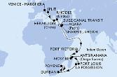 Venice-Marghera,Split,Heraklion,Rhodes,Suez Canal North,Suez Canal South,Aqaba,Sharm El-Sheikh,Port Victoria,Nosy Be,Antsiranana,Port Louis,La Possession,Durban,Pomene,Durban