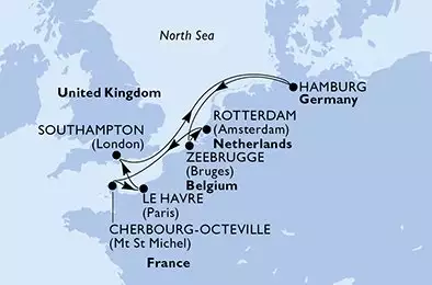 MSC PREZIOSA - Itinerario di 8 notti partendo da ROTTERDAM (AMSTERDAM) OLANDA il 20/10/2026 - Olanda, Francia, Regno Unito, Germania, Belgio
