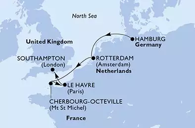 MSC PREZIOSA - Itinerario di 5 notti partendo da HAMBURG, GERMANY il 18/10/2026 - Germania, Olanda, Francia, Regno Unito