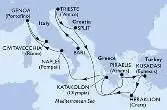 Bari,Trieste,Split,Piraeus,Kusadasi,Heraklion,Katakolon,Naples,Genoa,Civitavecchia