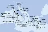Trieste,Split,Piraeus,Kusadasi,Heraklion,Katakolon,Naples,Genoa,Civitavecchia,Barcelona