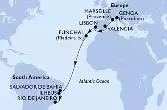 Genoa,Marseille,Valencia,Lisbon,Funchal,Salvador,Ilheus,Rio de Janeiro